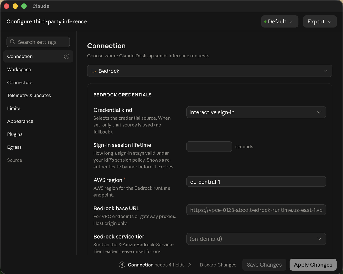 The Connection section switched to Interactive sign-in, with the four AWS SSO fields