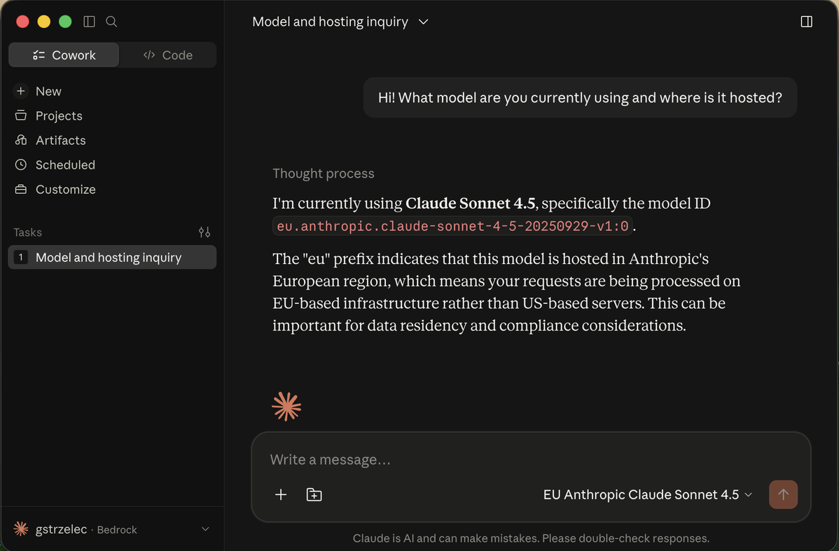 First Cowork session running on Amazon Bedrock