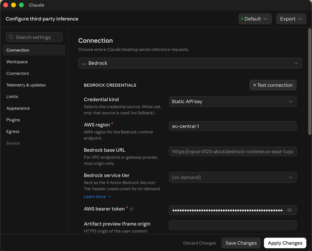 Claude Desktop configured for Amazon Bedrock in eu-central-1