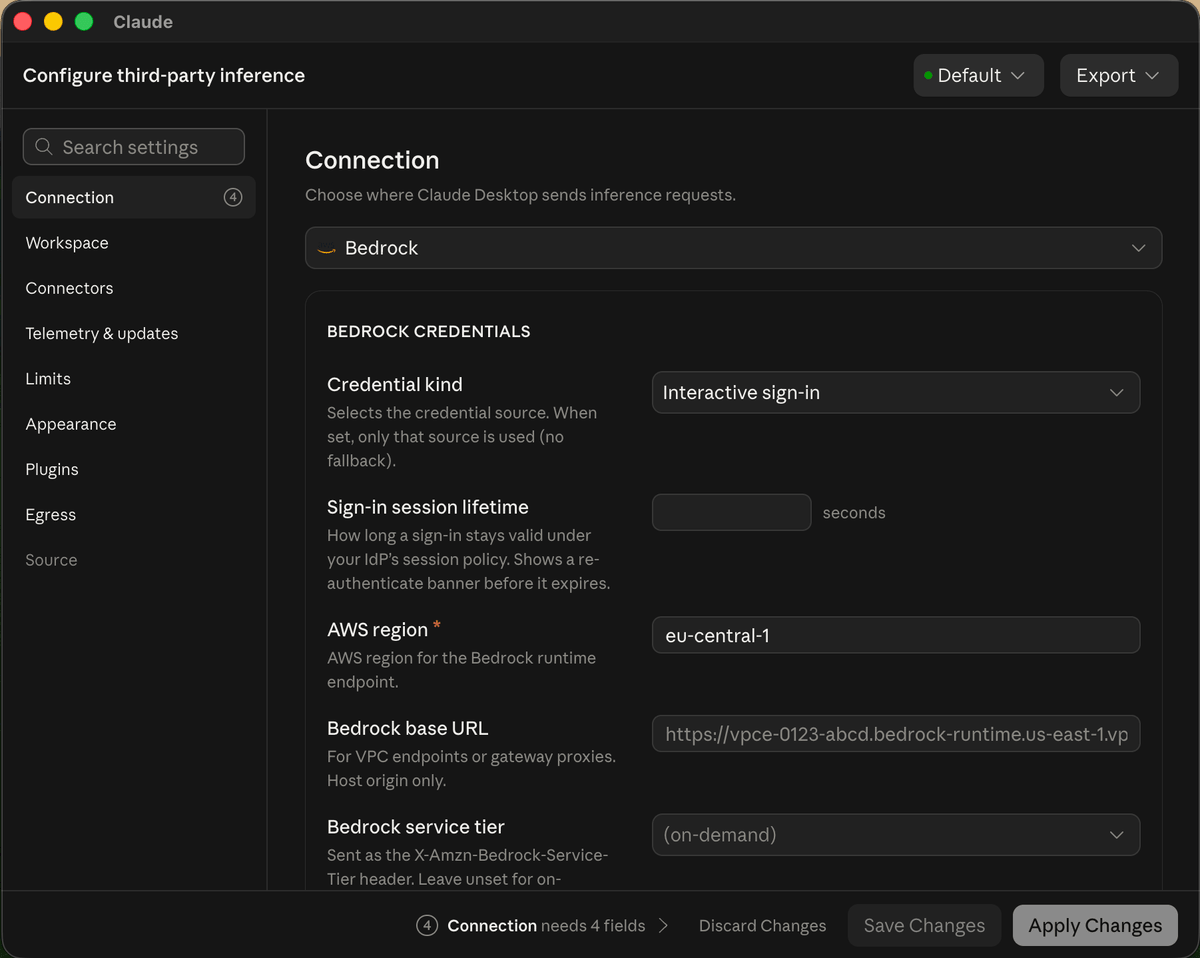 The Connection section switched to Interactive sign-in, with the four AWS SSO fields