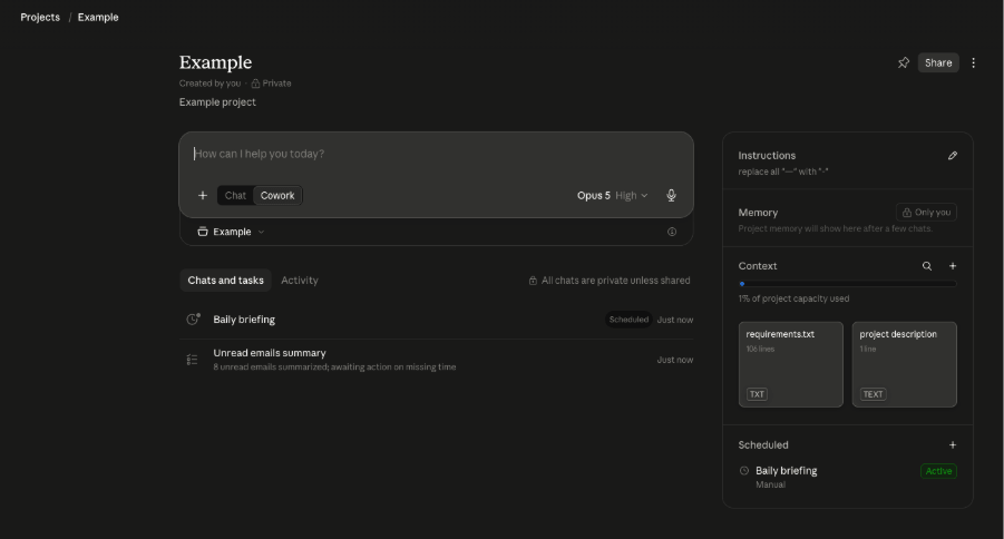 Claude Cowork project view showing instructions, memory, context files, and a scheduled daily briefing task