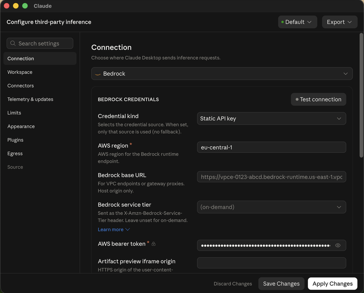 Claude Desktop configured for Amazon Bedrock in eu-central-1