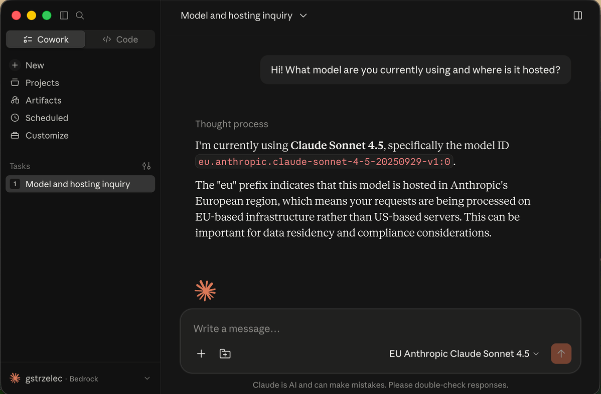 First Cowork session running on Amazon Bedrock
