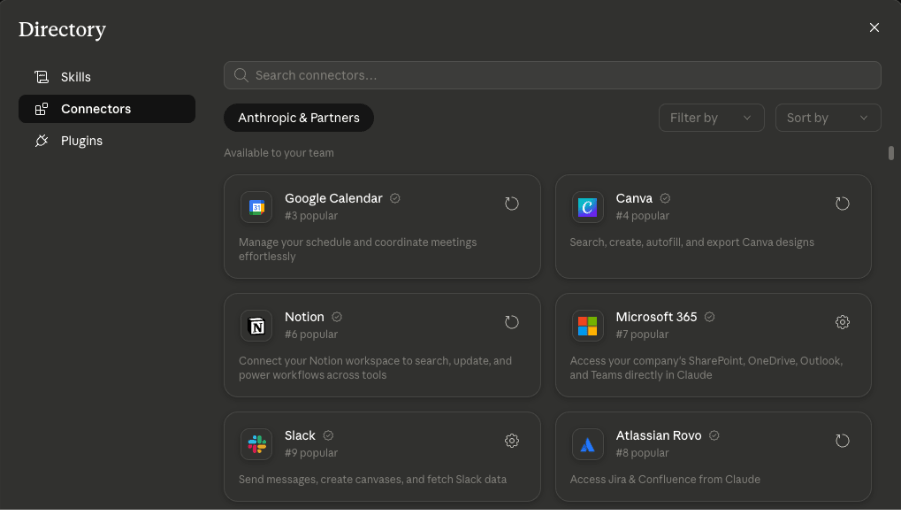 Claude Cowork connectors directory showing verified connectors including Google Calendar, Canva, Notion, Microsoft 365, Slack, and Atlassian Rovo